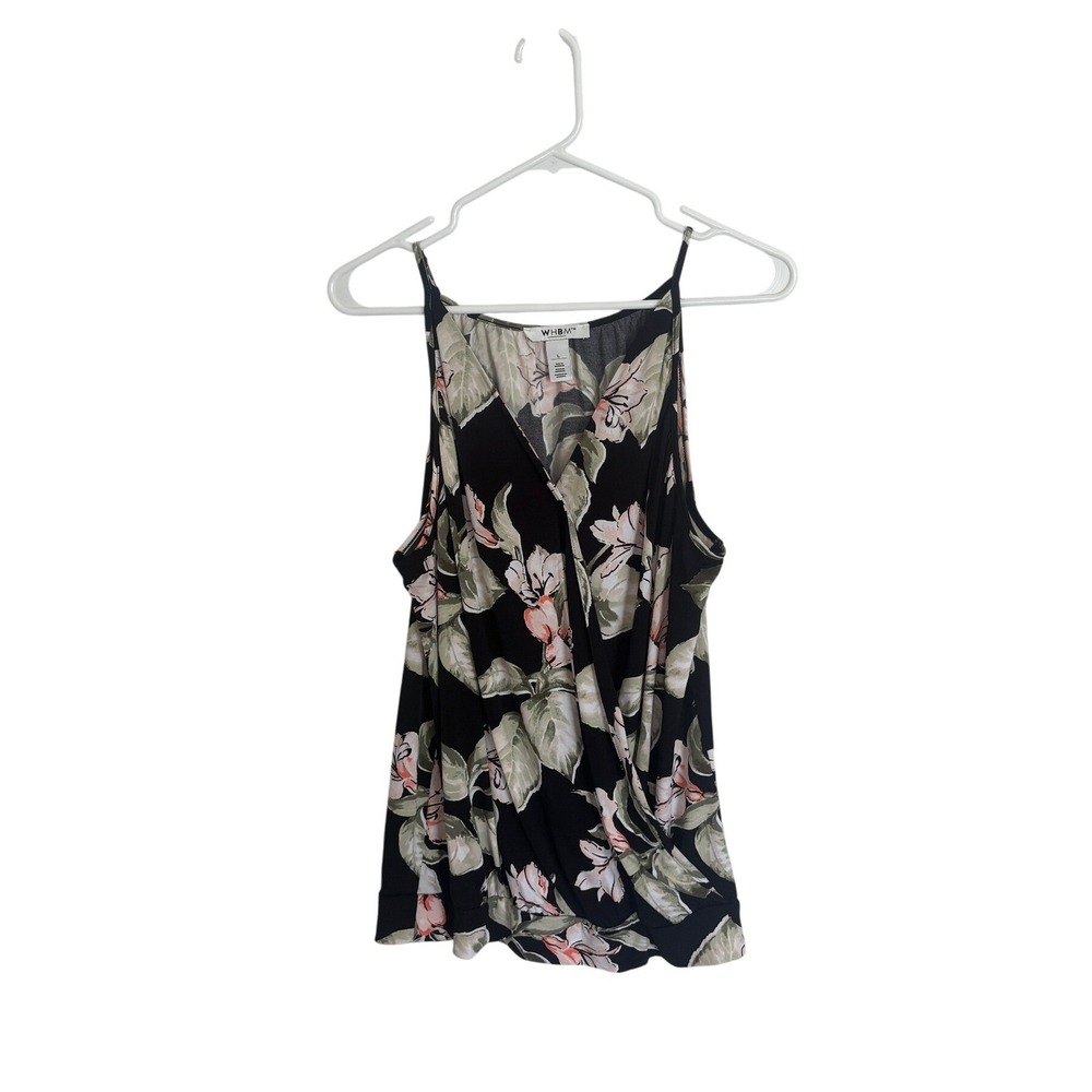 WHBM Womens L Black Floral Surplice Sleeveless Stretch Blouse Top